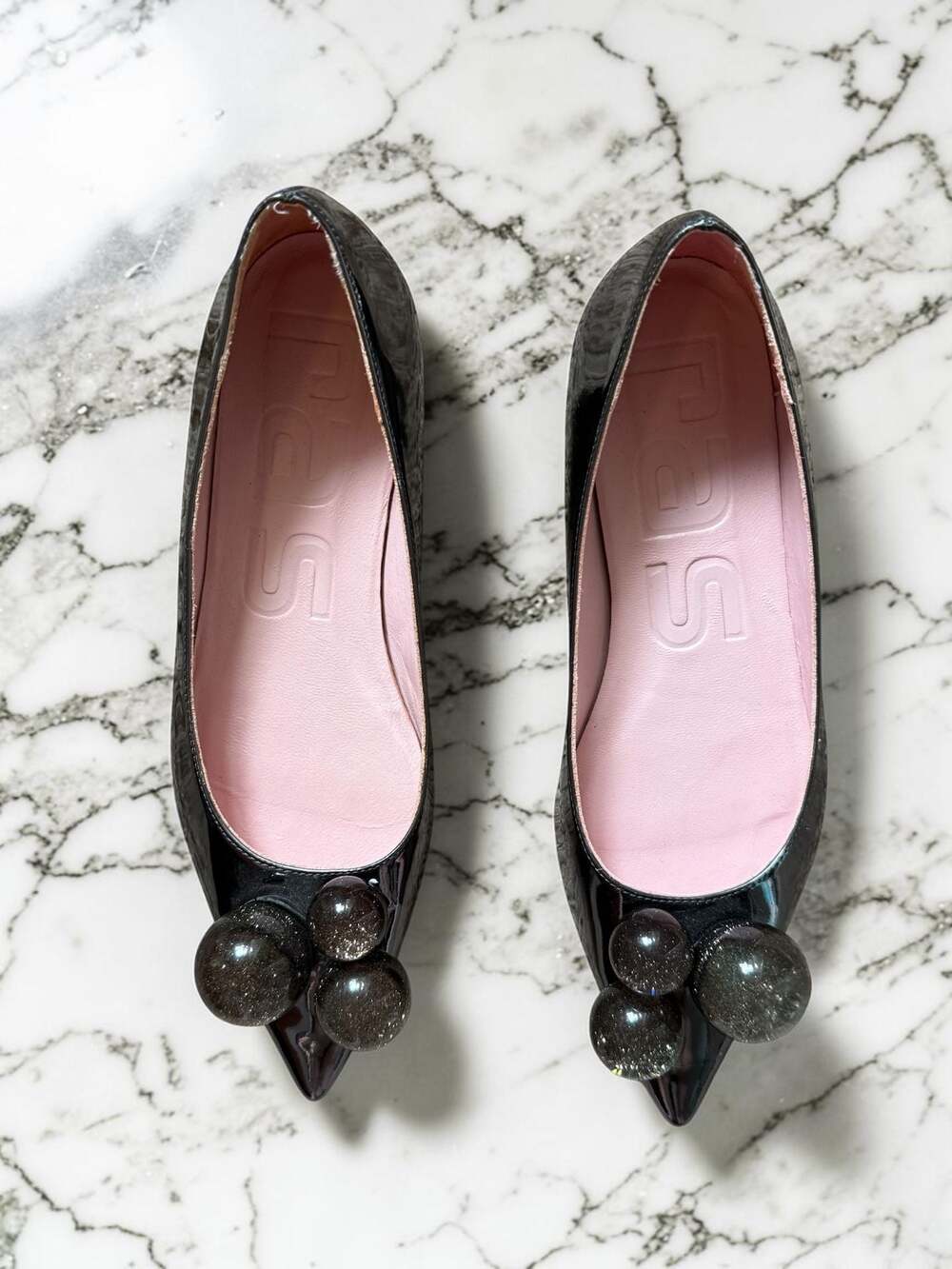 RAS Spain Black Patent Leather Pointed Toe Flats Glitter Ball Embellished Size 6